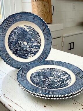 Royal China Currier & Ives Dinner Plates Old Grist Mill Blue Set Of 3 Vintage